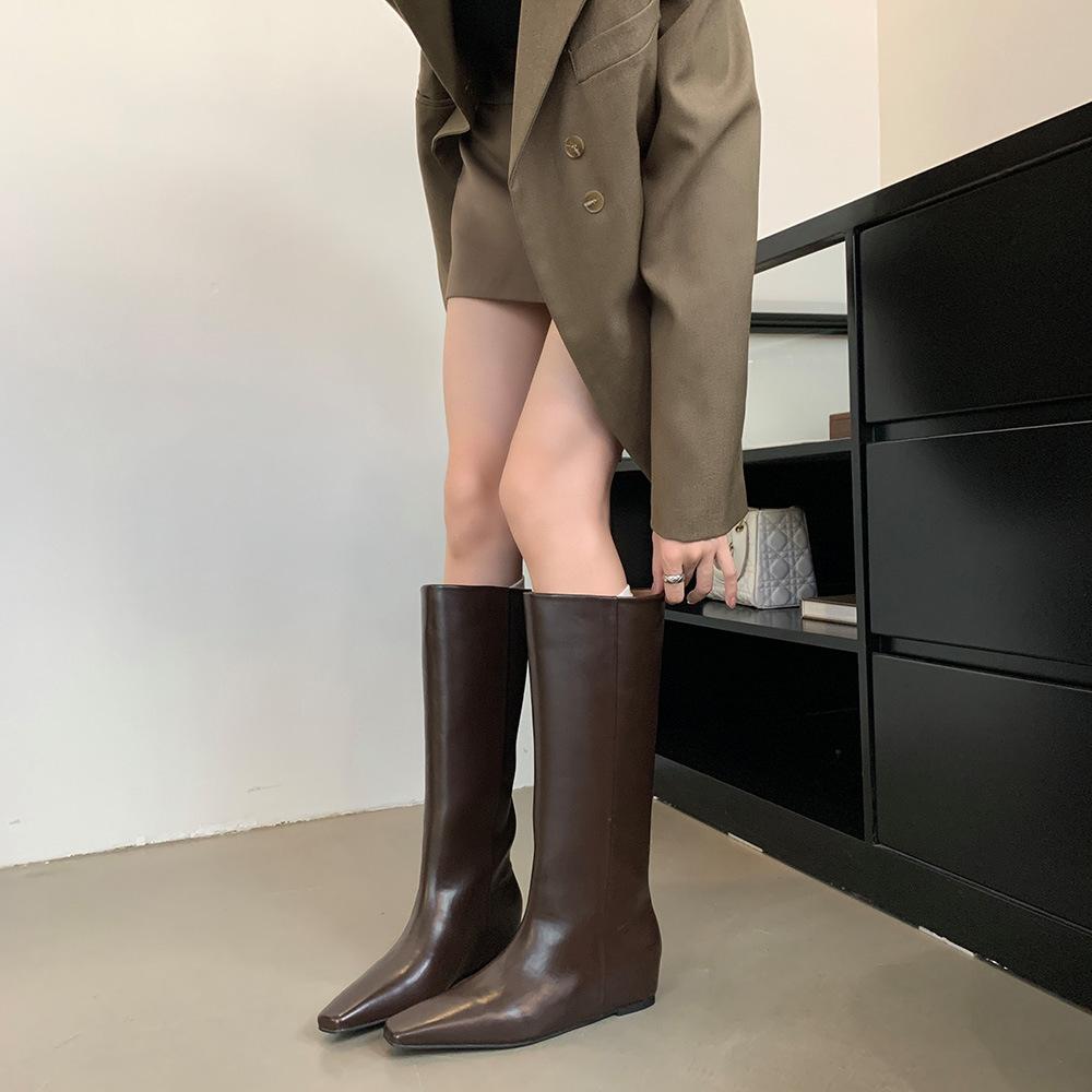 Fashion British Style Small Square Toe Knee High Knight Boots Women Black Shoe Soft Leather Solid Slip On Inner Wedges Long Boot Booties