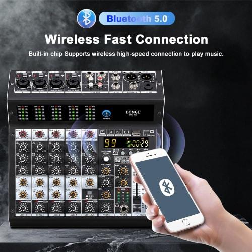 BOMGE Pro Mixer 6-Channel Mixer Console with 99 DSP Effects, +48V Phantom, Bluetooth, USB Interface, 2 AUX, and FX Processor for Studio Recording and