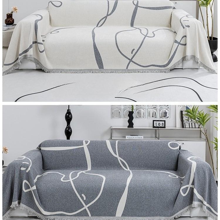 Simple Black Line Geometric Chenille Sofa Blanket Cover Dust-Proof Cloth for All Seasons Double-Sided Home Decor