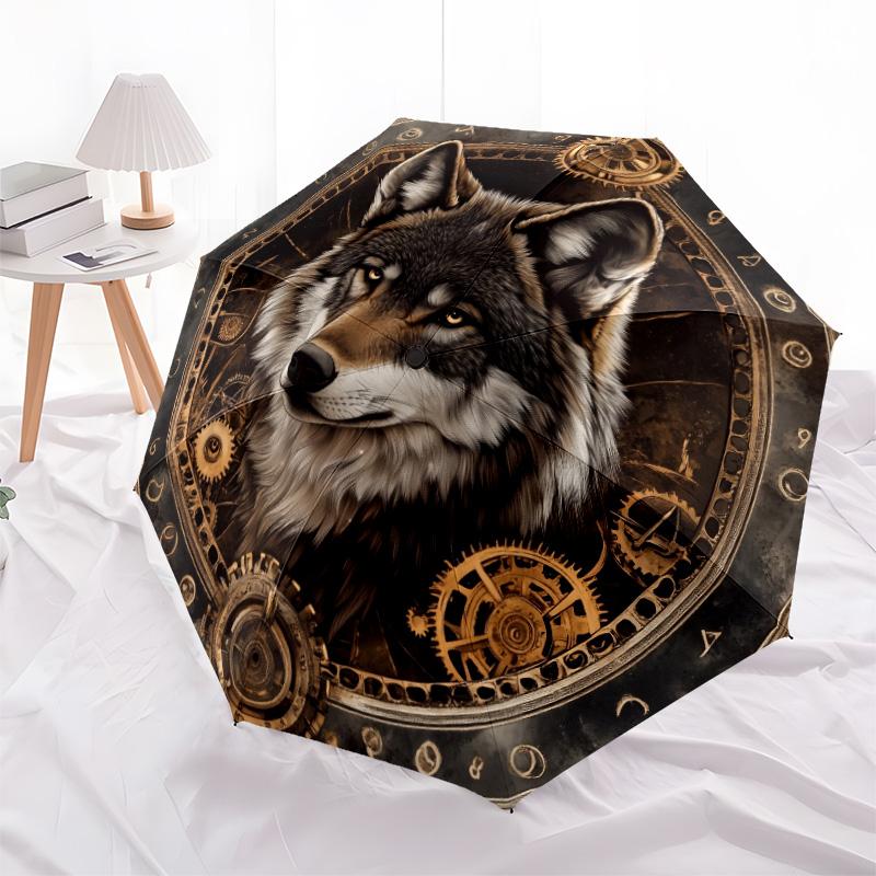 Gear Wolf pattern, automatic folding umbrella, portable and foldable design, 8 ribs, a Christmas or birthday gift.