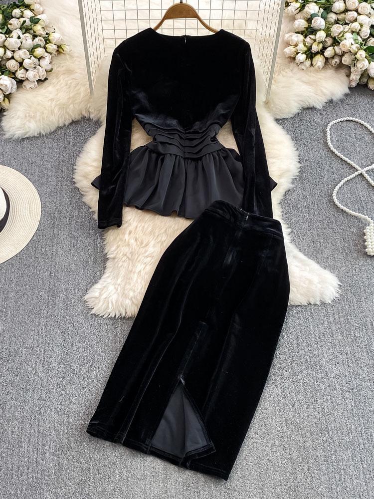 Sweet Casual Two Piece Set Women Ruffles Patchwork Shirts Solid Color High Waist Skirts Suits Autumn Winter Fashion Party Sets