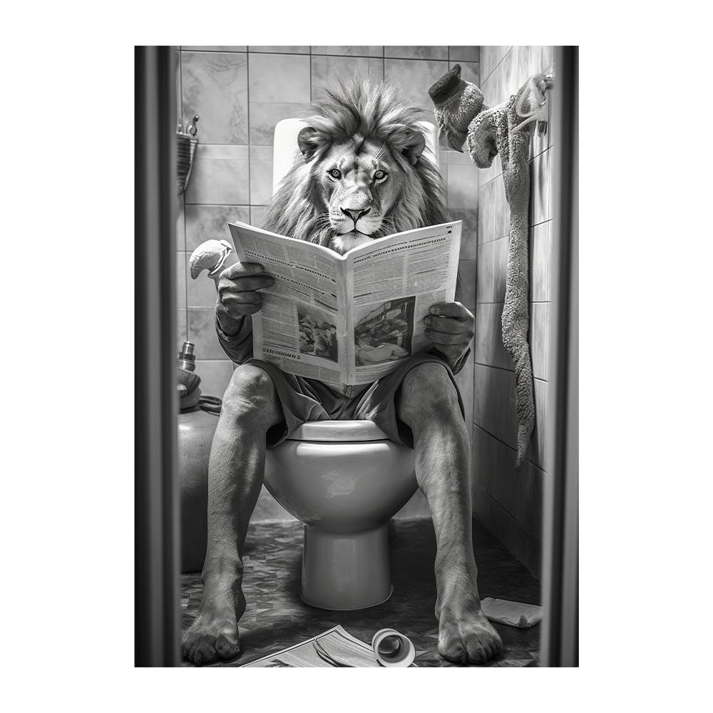 Funny Bathroom Lion Sitting On Toilet Reading Newspaper Poster Modern Wall Art HD Picture Canvas Print For Room Home Decor