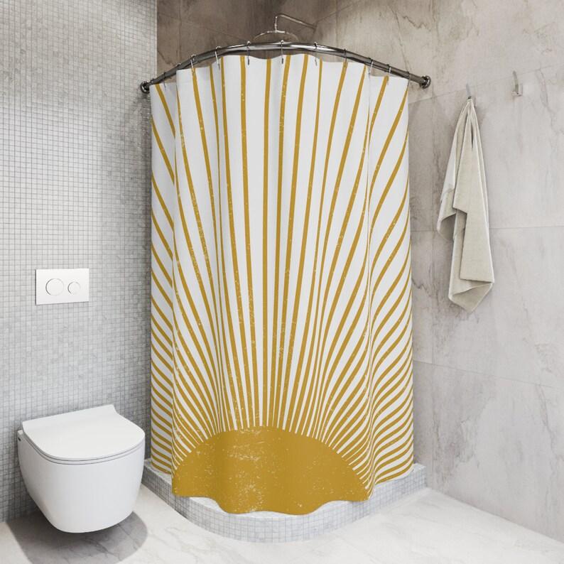 Mid Century Modern Sun Boho Shower Curtain, Retro Mcm Decor Funky Bathroom, Mustard Yellow Vintage Style Distressed Sunburst