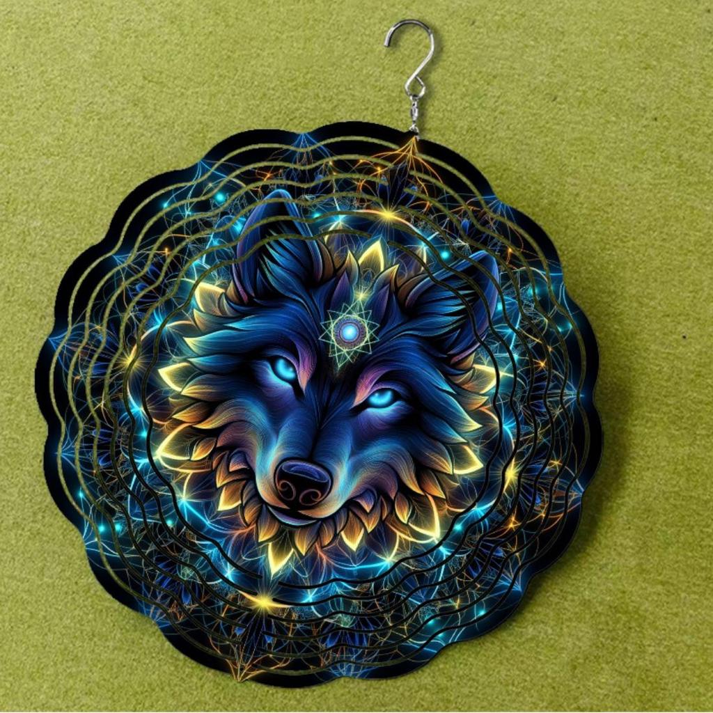 Wolf Windspiel Außendekor Boho Stil Metall Tierkunst 360 Drehbarer Haken Dynamische Drehung Geschenk für Balkon Garten Zuhause
