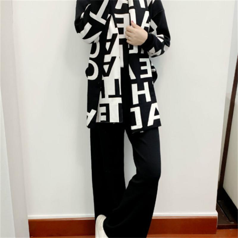 Knitted Suit Women'S Autumn And Winter Casual Fashion Temperament Scarf Sweater Wide Leg Pants Three Piece Set