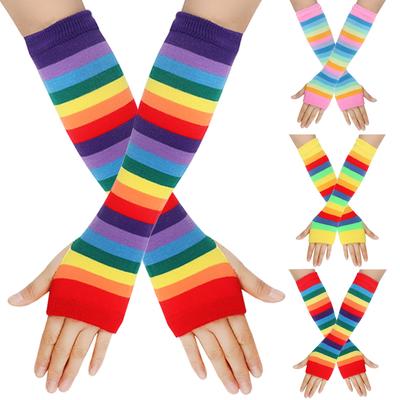 Frauen Winter Ellenbogen Länge Fingerlose Arm Hülse Wärmer Regenbogen Farbige Gestreifte Gestrickte Sonnencreme Mädchen Halloween Kostüm Handschuhe