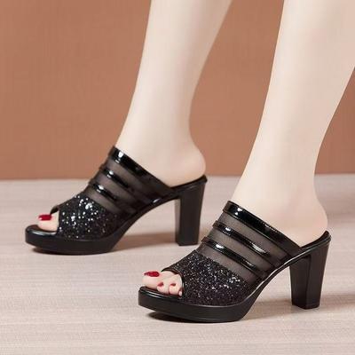Pez con pedrería boca gruesa tacón exterior zapatillas cómodas verano nuevo malla impermeable tira de una palabra