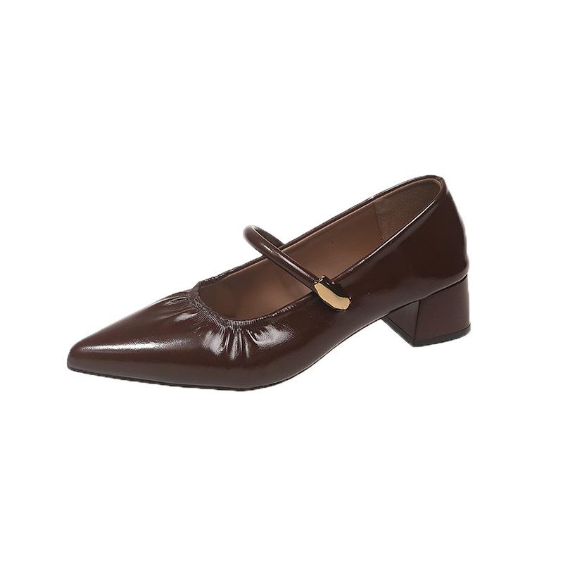 Vintage Pointed Thick Heel Brown Word with Mary Jane Shoes Women's Summer 2025 Versatile Light Mouth Professional Black High Heels