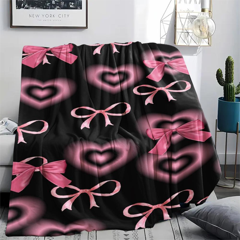 1Pc Pink Bow Butterfly Print Flannel Blanket, High Quality Comfortable for All Seasons, Home Decor, Warmth and Comfort, Perfect for Gifts