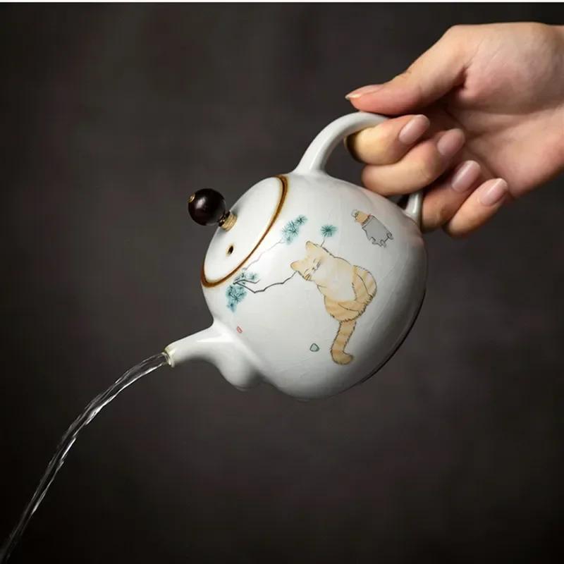 280ml Tetera de Cerámica Tradicional Kiln Ru Hecha a Mano Tetera con Dibujo de Gato Lindo Tetera Portátil de Viaje Tetera con Filtro Juego de Té para el Hogar Vajilla