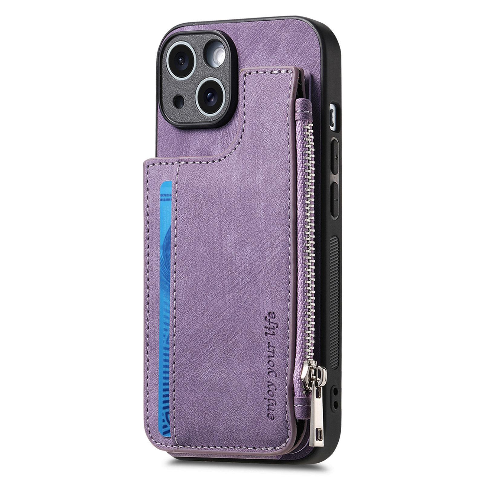 

For iPhone 14 Case Zipper Card Holder Kickstand Leather+PC+TPU Phone Cover Blue