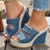 Jeans Patchwork Sandals Women'S Shoes Thick Soled Wedge Heeled Sandal Fashion Casual Fish Mouth Cloth High Heeled Sandalias