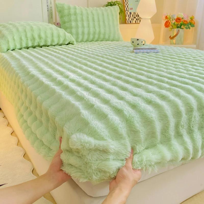 Kaninchen Plüsch Spannbettlaken mit Tiefem Taschen Winter Verdicken Warmer Matratzenschoner Weich Flauschig Doppelmatratzenbezug
