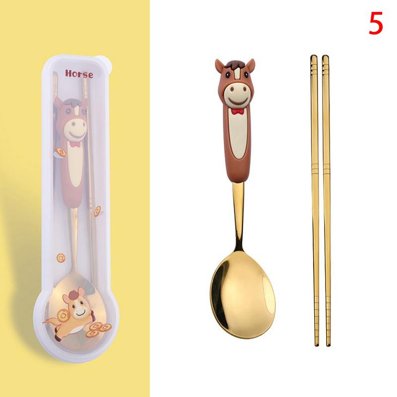 Year Of The Horse Chopsticks Spoons Set Gold Chinese  Year Stainless Steel Spoon Dessert Forks Decoration For Tableware