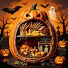 Detailed Halloween Scene Decor Centerpiece Pumpkin, Wooden Pumpkin Ornament with Miniature Scenes, Rustic Home Accents Skeleton for Farmhouse