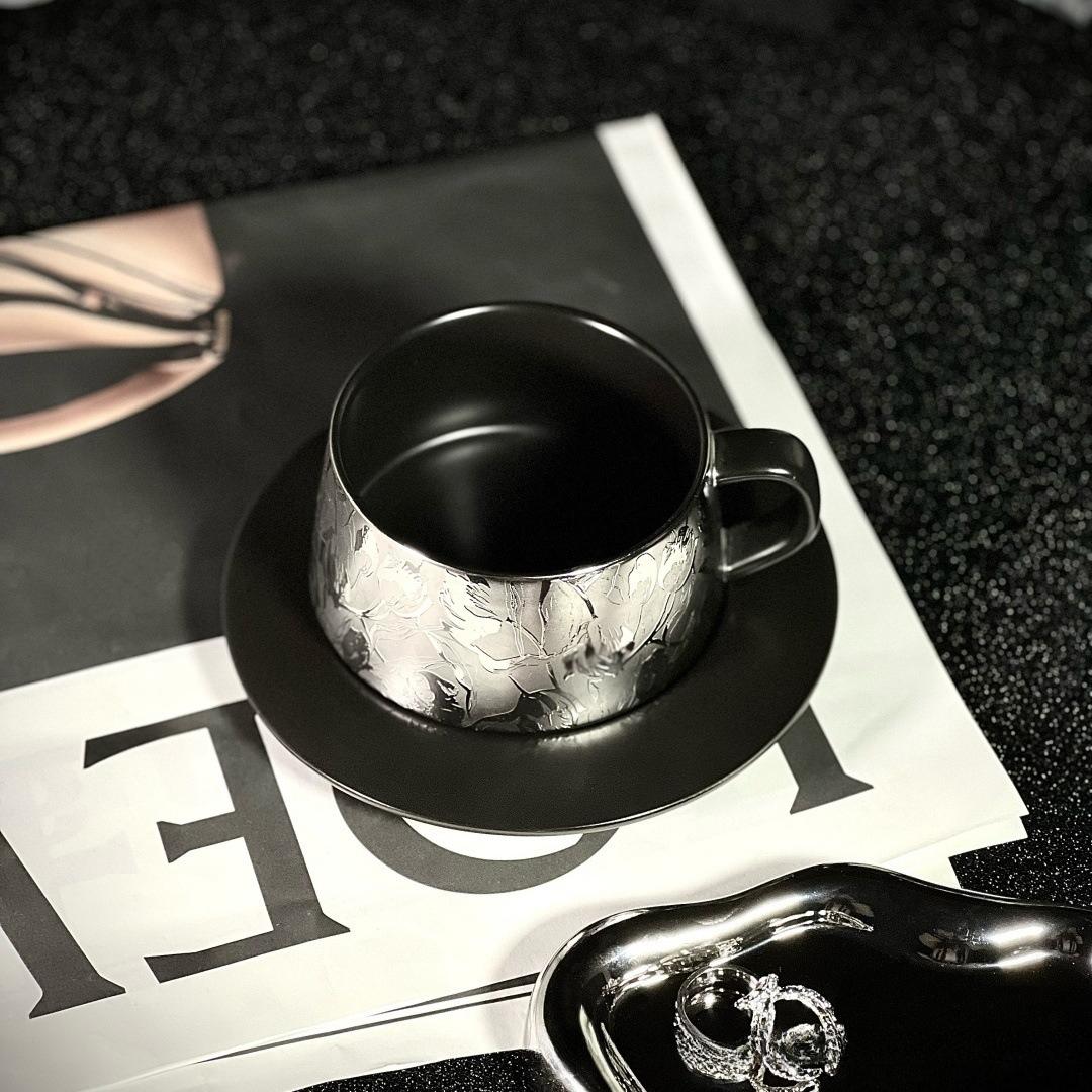 Vintage Luxury Titanium Plated Ceramic Coffee Cup and Saucer Set Minimalist Stylish High Aesthetic Mug 250ML