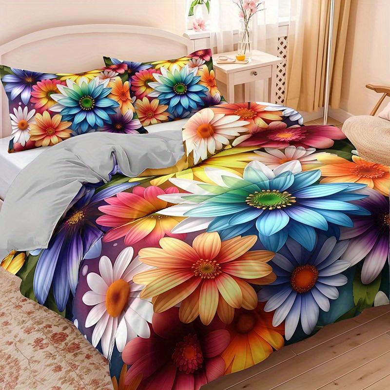 3-teiliges lebhaftes Regenbogen-Blumenbettwäsche-Bettbezug-Set Gänseblümchen-Blumenbettwäsche-Steppdecken-Set Blumen-Themen-Bettwäsche-Set Sommerblühende Blumen