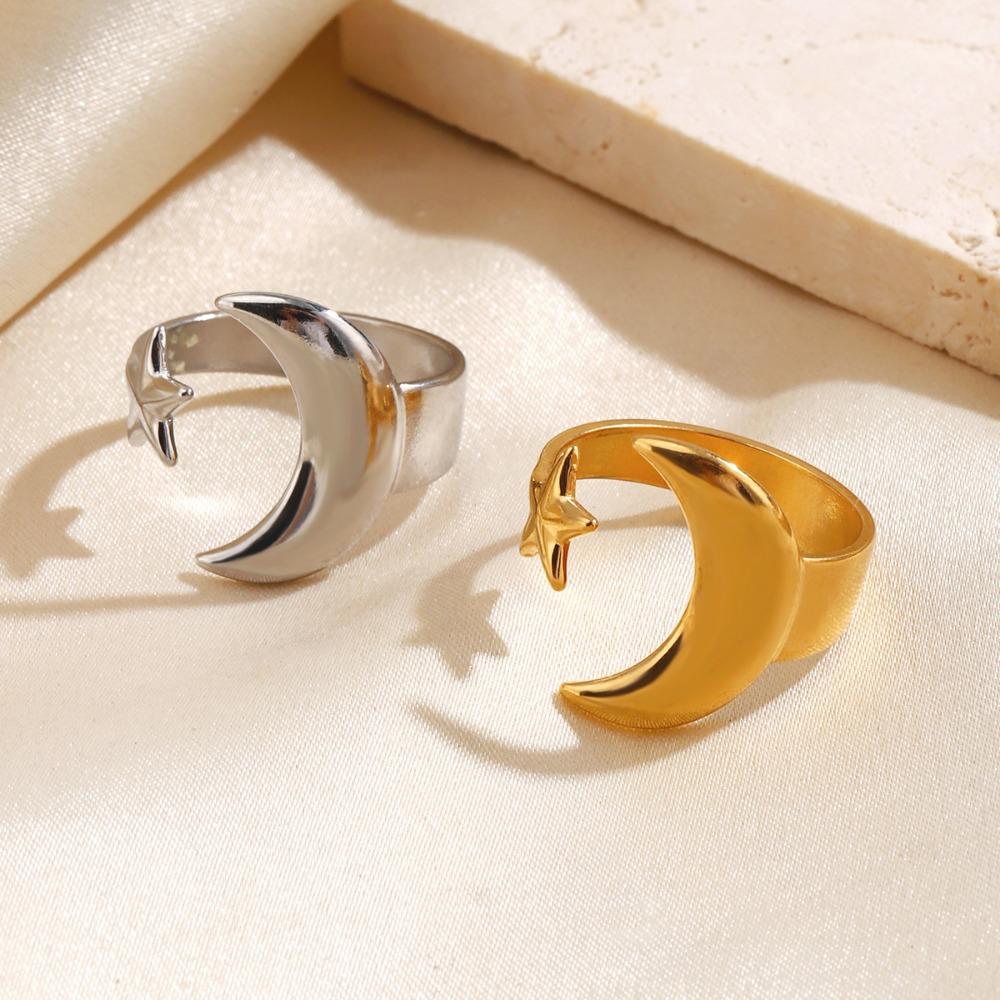 Fashion Simple Ethnic Style Gold Color Moon Stars Pattern Open Rings for Women Daily Wear Stainless Steel Finger Jewelry Gifts