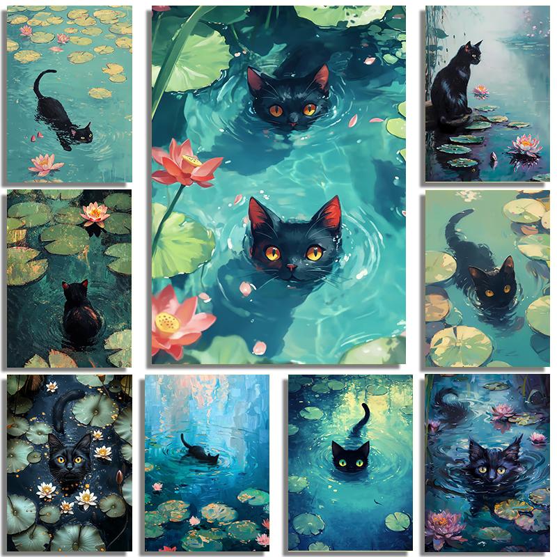 Retro Cute Black Cat And Lotus Landscap Canvas Paintings Impression Monet Posters and Prints Wall Pictures For Living Room Decor