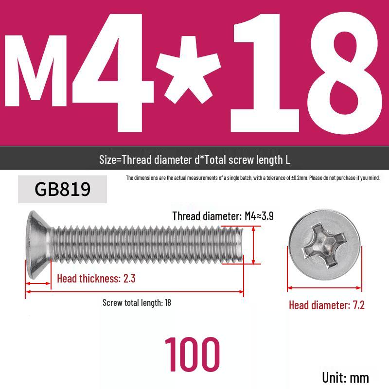 304 Stainless Steel Phillips Flat Head Countersunk Machine Screw (Sizes: M2, M3, M4, M5, M6, M8, M10)