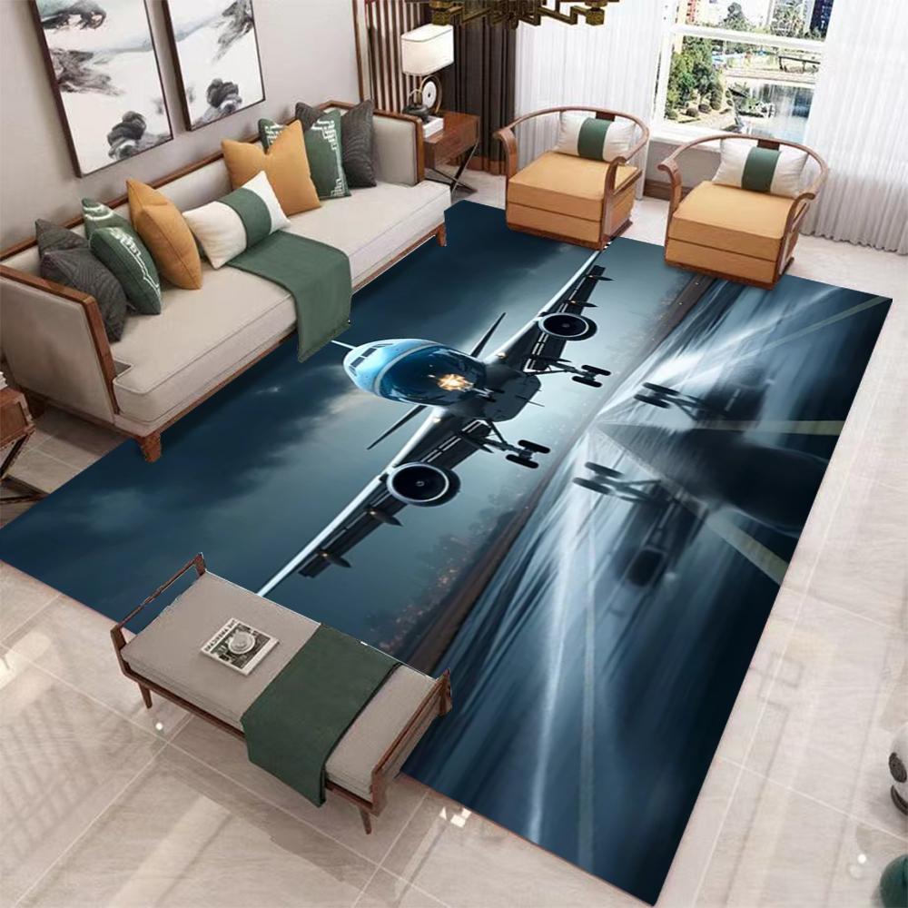 Large Airplane Theme Carpet with Warm Brown Desert Landscape Living Room Area Rug Dark Green Blanket Modern Home Decoration Mat