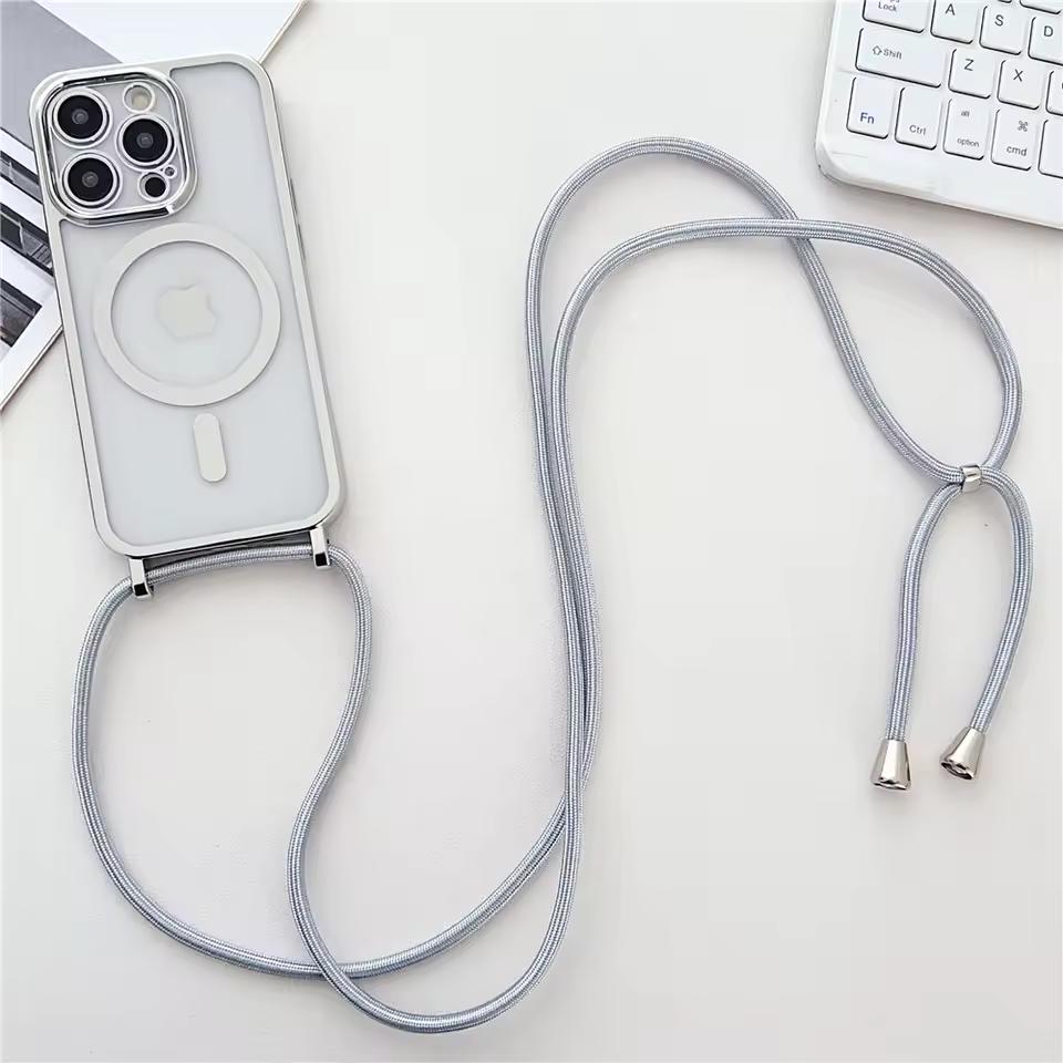 Luxusní šňůrka na krk Lanyard Pokovování Magnetický Průhledný Kryt na Telefon Pro iPhone 17 16 15 14 13 12 Pro Max 11 Pro Magsafe Měkký Kryt