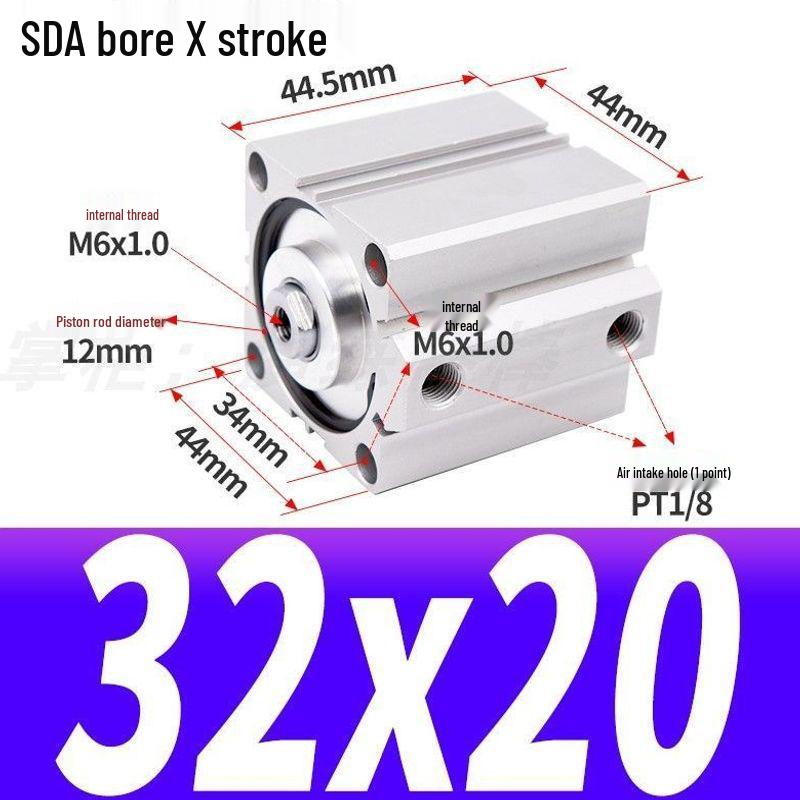 SDA Mini Pneumatic Cylinder, High Thrust, Thin Type, Bore Sizes 20/25/32/40/50