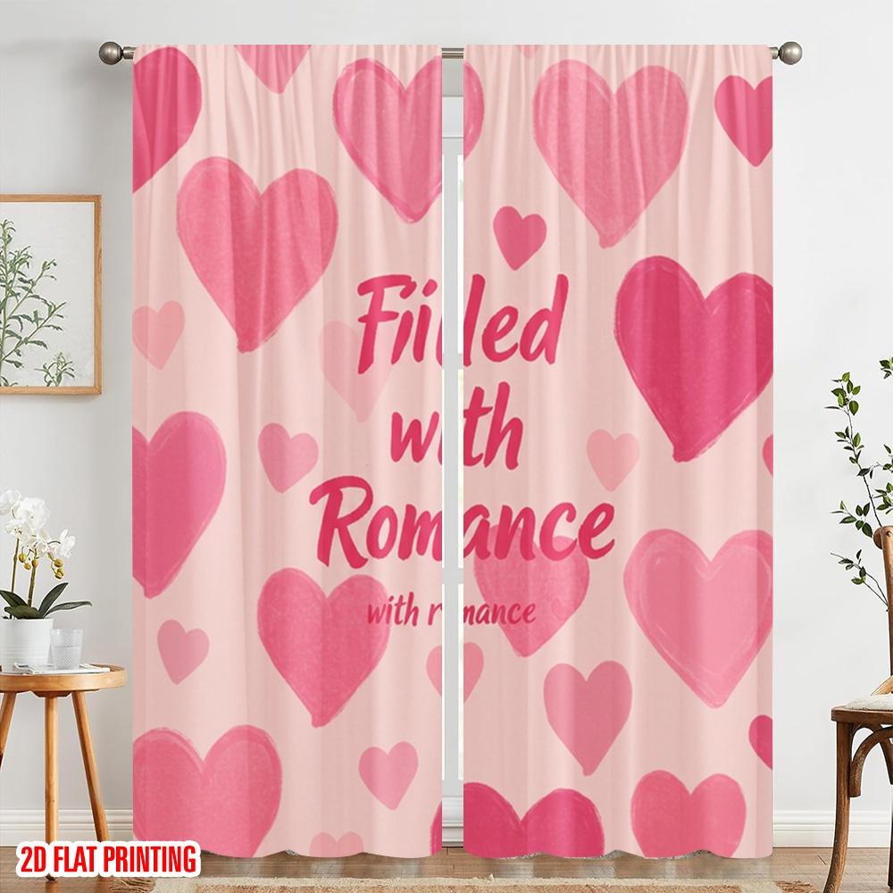2 pièces Rideaux imprimés plats 2D Cœurs roses Romance Tissu polyester Sans électricité Utilisation pour fête d'anniversaire pour portraits de vacances