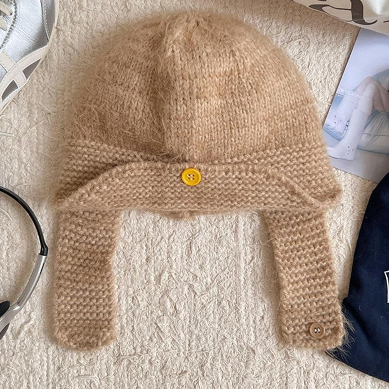 Winter Warm Knit Hat for Women Girl Button EarFlap Beanie Hat Outdoor Activity Scarf Cap Windproof Headwear Pullover Hat