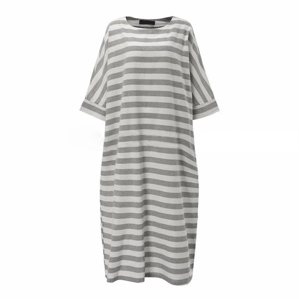 Damen Baumwolle Leinen Gestreiftes Kleid Sommer Locker Große Größe 4XL 5XL Maxikleid Robe Femme Lässig Lang Boho Kaftan Muslimisches Kleid