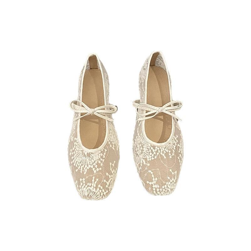Women's Lace Embroidered Ballet Flats Square Toe Bow Tie Strap Breathable Casual Shoes