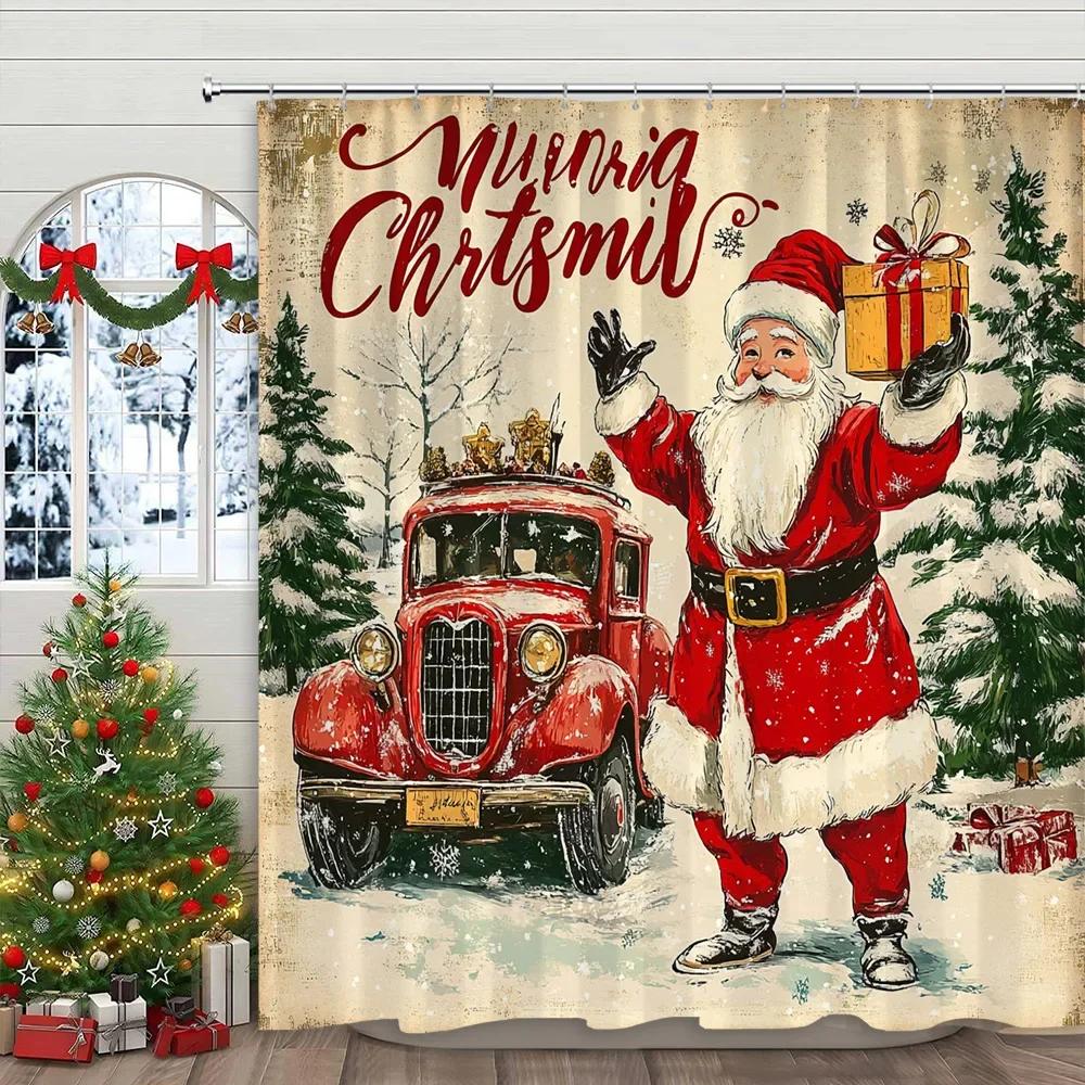 Christmas Snowman Shower Curtain Santa Claus Christmas Gifts Snow Printed Polyester Fabric Home Decor Shower Curtain With Hook