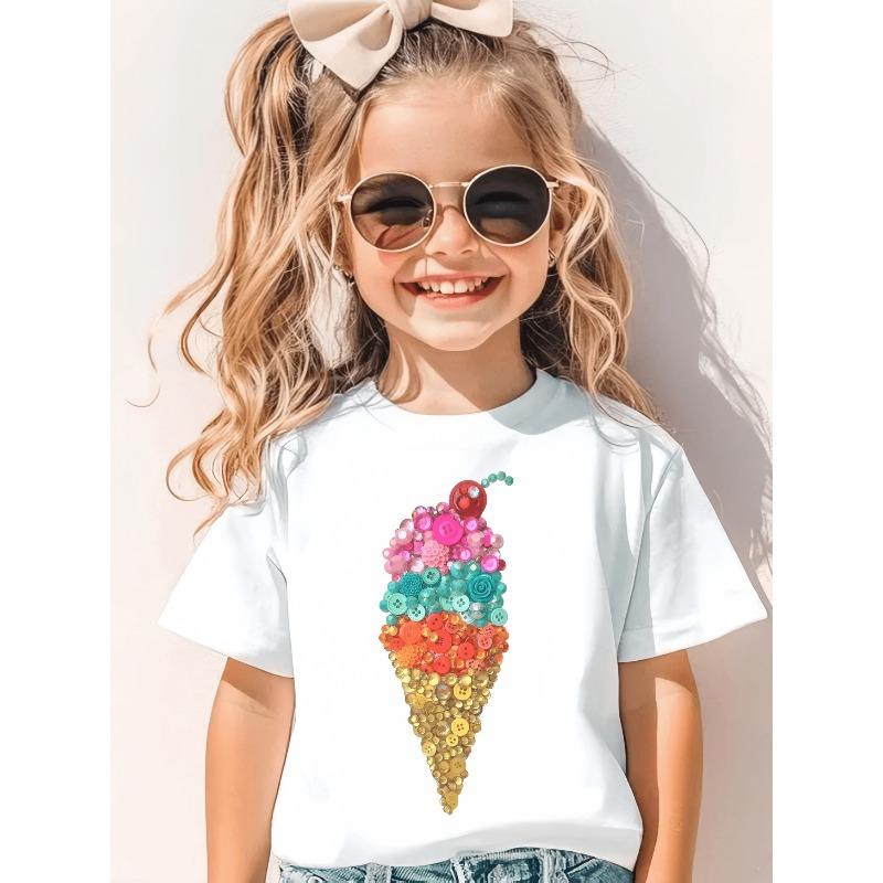 European sizes Girls Outdoor T-Shirt, Casual and Fashionable Cartoon Realistic Button Ice Cream Print T-Shirt Top 110 белый
