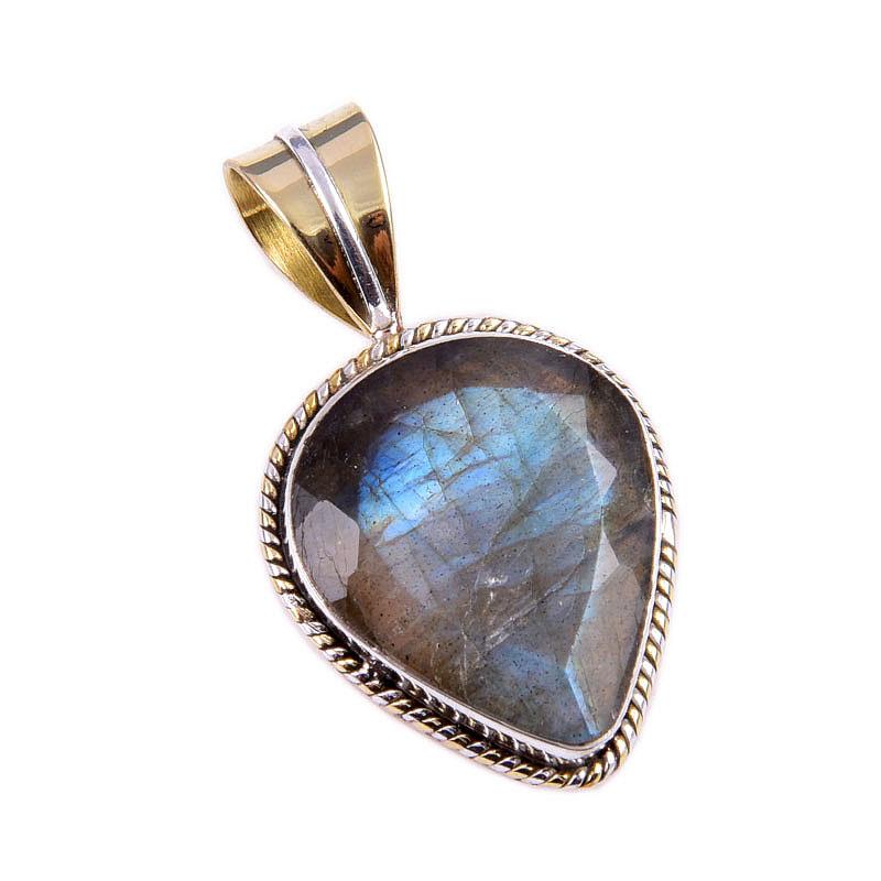 Natural Labradorite 925 Solid Sterling Silver Jewelry TwoTone Pendant 1.25" c2U30
