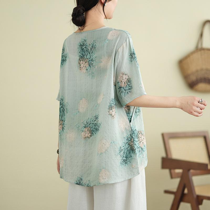 

Женский летний тонкий свободный и универсальный повседневный топ большого размера в китайском стиле с V-образным вырезом и рукавом пять четвертей 3XL