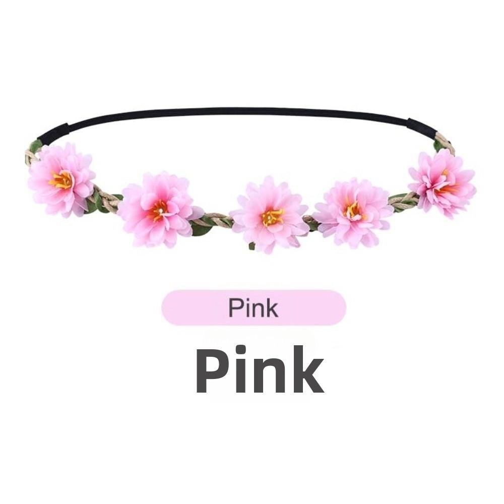 Adjustable Ribbon Floral Wreath Crown Pink Rose Bohemia Garland Headpiece  for Girls Women