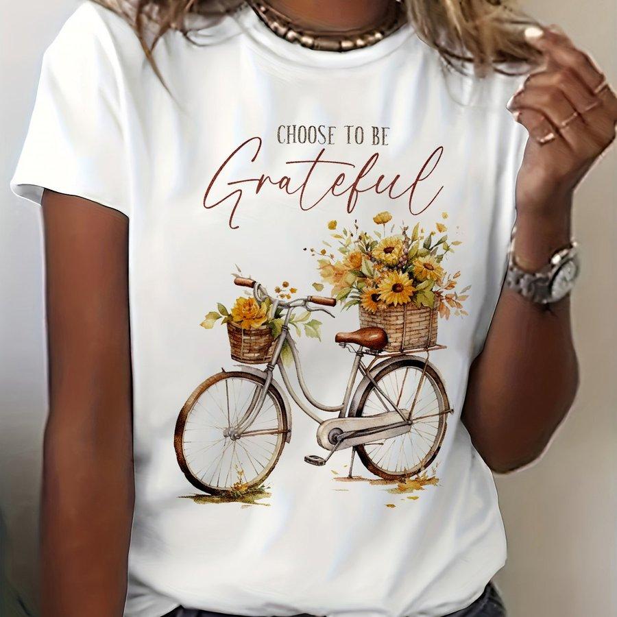 Women Vintage Crew Neck Long Sleeve T Shirt Choose to Be Grateful Bicycle Graphic Print Casual Daily Autumn Spring Streetwear Tops