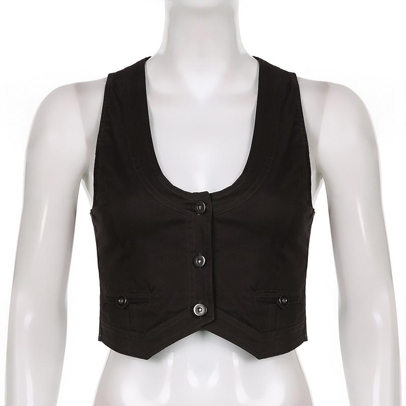 Gothic Fashion vintage Jacket Vest Solid Aesthetic Vintage Slim Button Streetwear Chic Vest Tops Sleeveless Casual Tanks Cropped