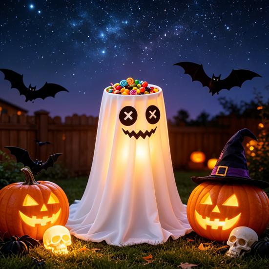 Decoração de Halloween Yousheng com Luz LED de 8 Modos com Controle Remoto, Tigela de Doces Fantasma com Suporte de Tripé, Porta-Doces Fantasma Fofo para a Frente