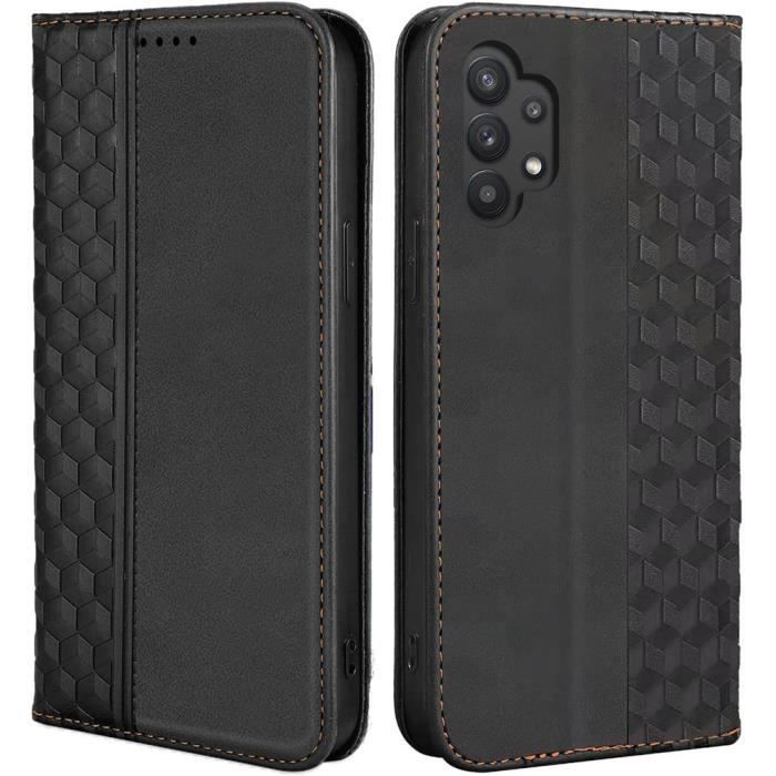 Coque de protection - BOOLING - pour Samsung Galaxy A32 5G - Cuir PU Noir - Motif Mosaïque - Fermeture Magnétique