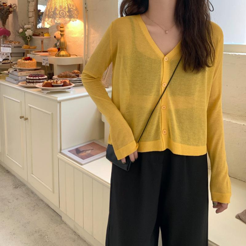 Women Summer Thin Knitted Shirt Top Cardigan V-Neck Full Sleeve Single-breasted Sunscreen Loose Solid Color
