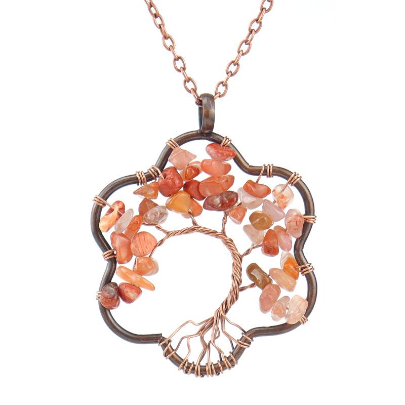 Vintage Sunflower Hand-Wound Tree of Life Necklace with Crushed Stone Crystal Pendant