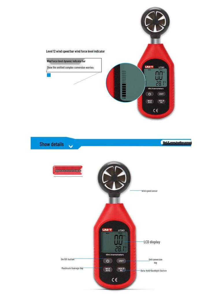 Uni-T UT363 Series Bluetooth Digital Anemometer for Air Volume, Velocity, and Temperature Monitoring