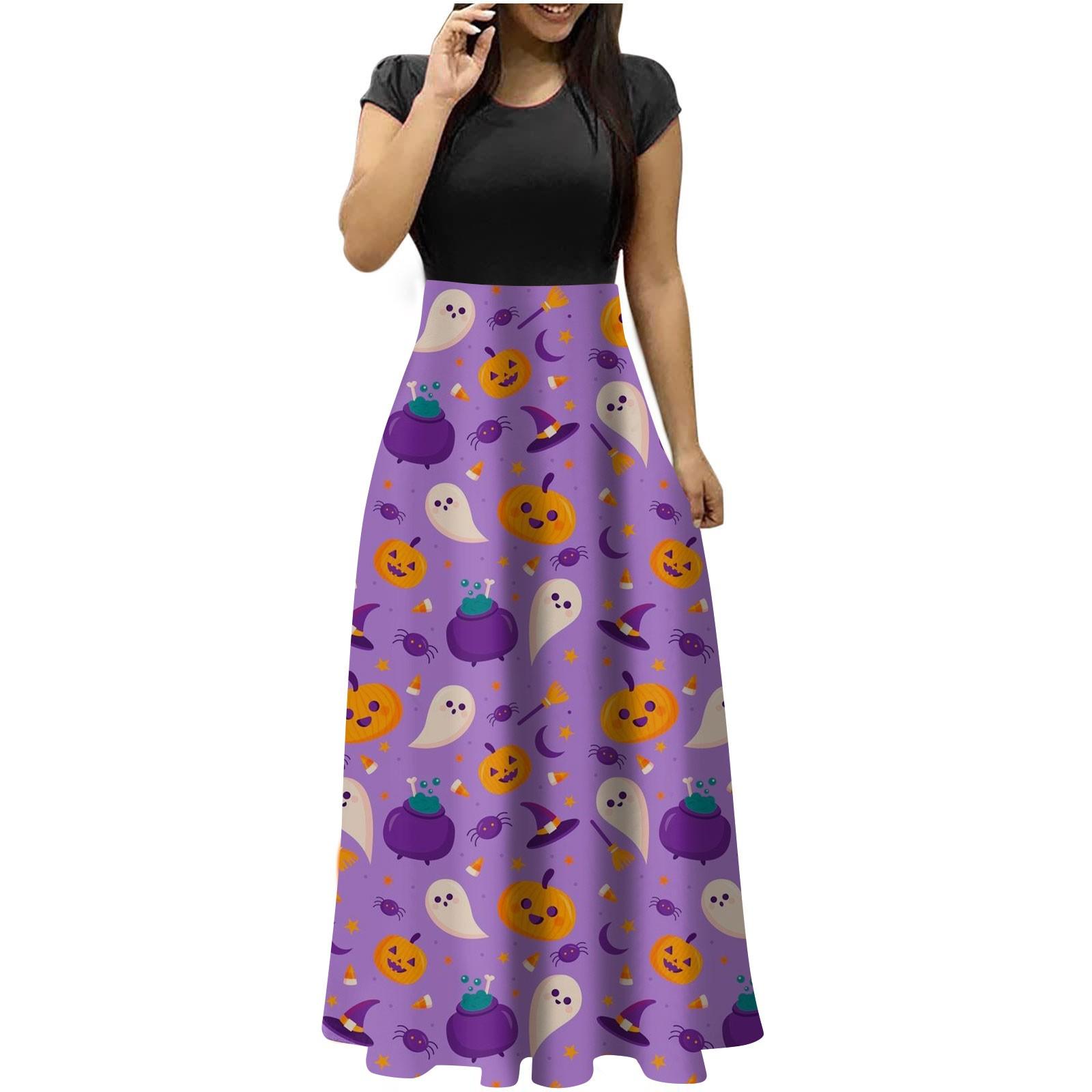 

(SU)Женская мода повседневное Хэллоуин печати круглый вырез с короткими рукавами длинные платья большого размера