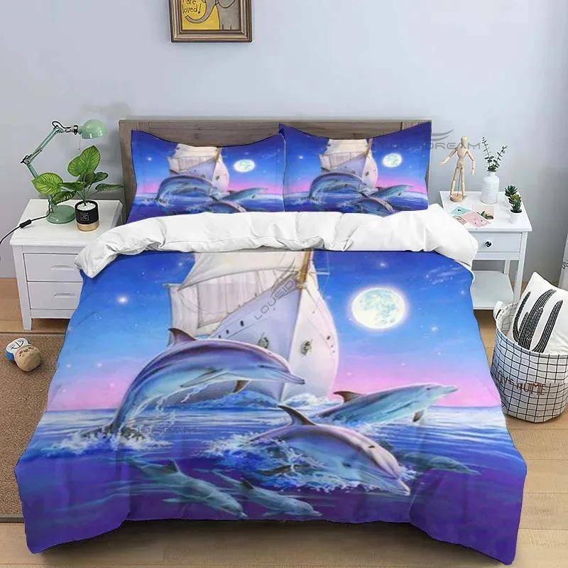 Dolphin Pattern Comforter Bedding Set,Duvet Cover Bed Set Quilt Cover Pillowcase,King Queen Size Bedding Set