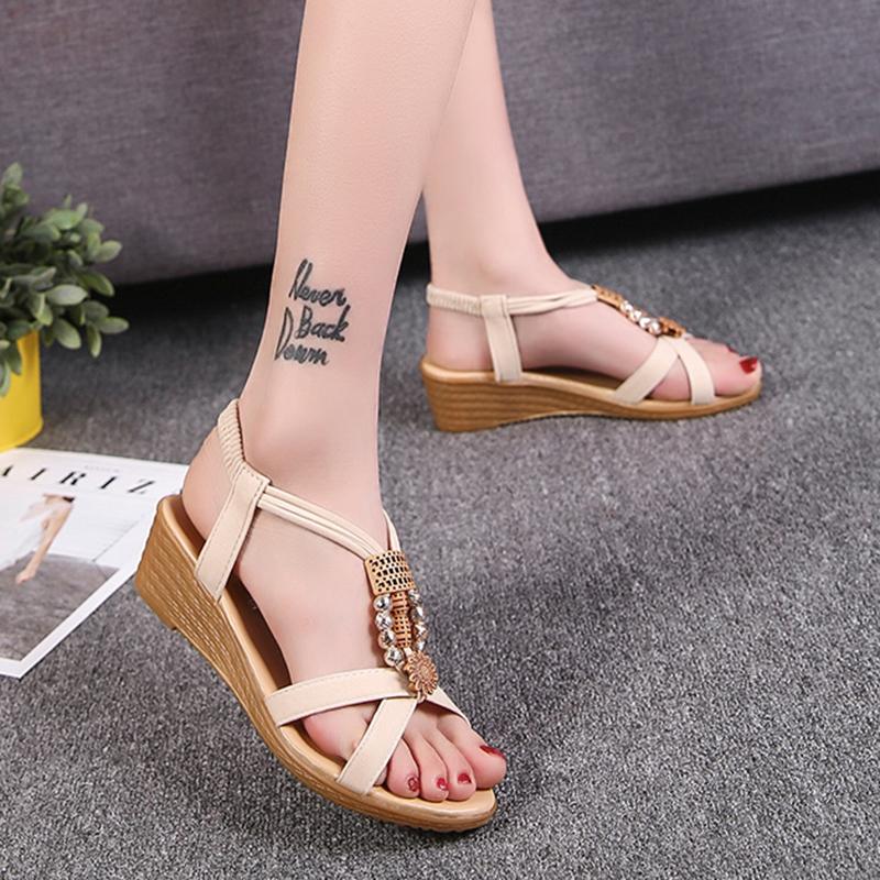 Rimocy Sandales Compensées Bohémiennes Femmes Été Lanière Cheville Perles Cordon Chaussures Romaines Femme Décontractées Talons Moyens Plage Sandalias Mujer