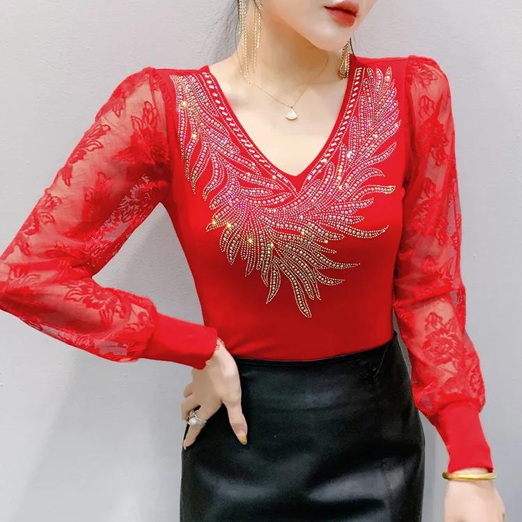 Women's Spring/Fall Custom-Fit Slimming Base Layer Top with Lace V-Neck Mesh Long Sleeves