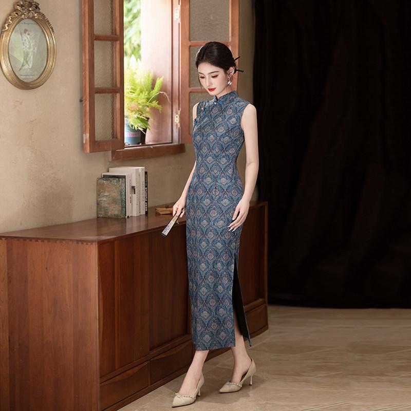 Blue sleeveless national style new Chinese daily Suzhou long cheongsam improved young 1011 new women's high sense