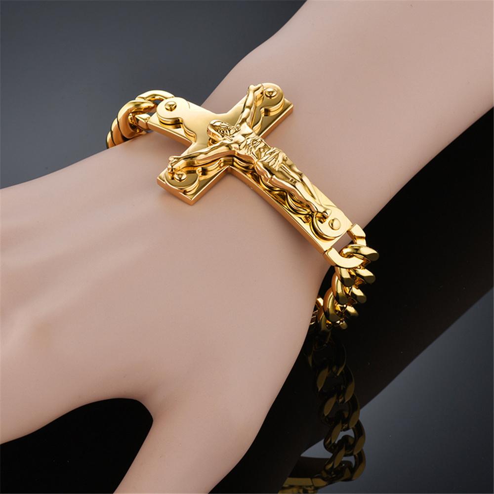 Religious Christ Crucifix Jesus Cross Bracelet Gold Silver Color Stainless Steel Cuban Link Chain Bracelets For Men Jewelry Gift