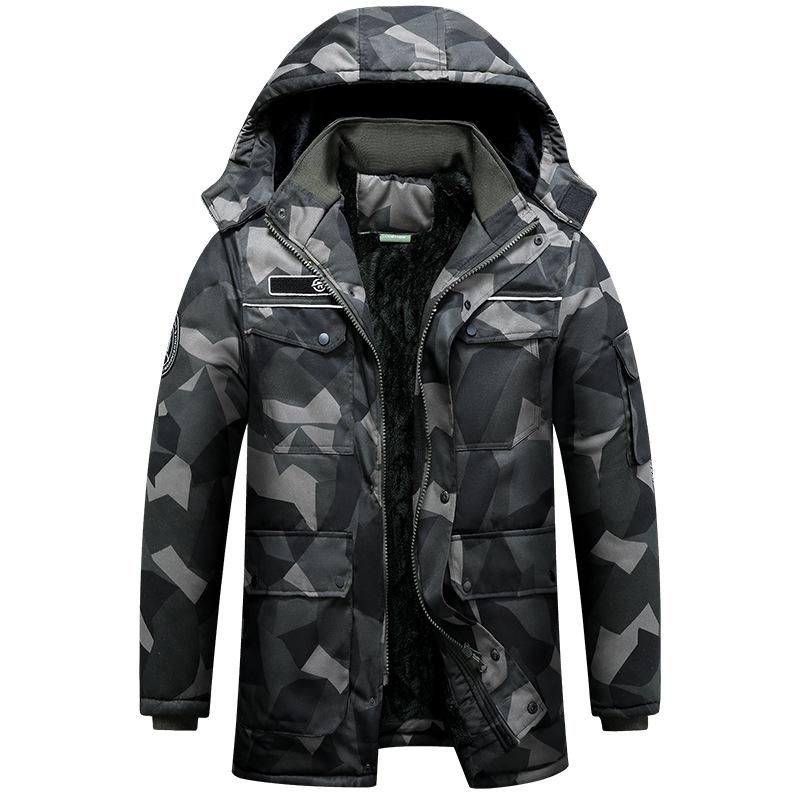 Men's Mid-Length Camouflage Cotton Jacket: Thick, Waterproof, Cold-Proof with Fleece Lining & Reflective Strips for Winter Workwear